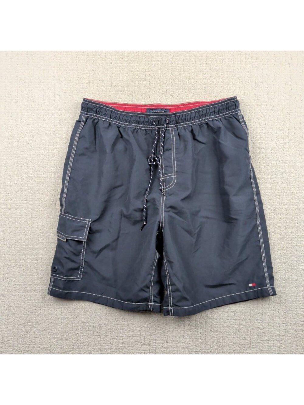 Tommy Hilfiger Swim Shorts Mens L Navy Nylon Mesh Lined Cargo Pocket Drawstring
